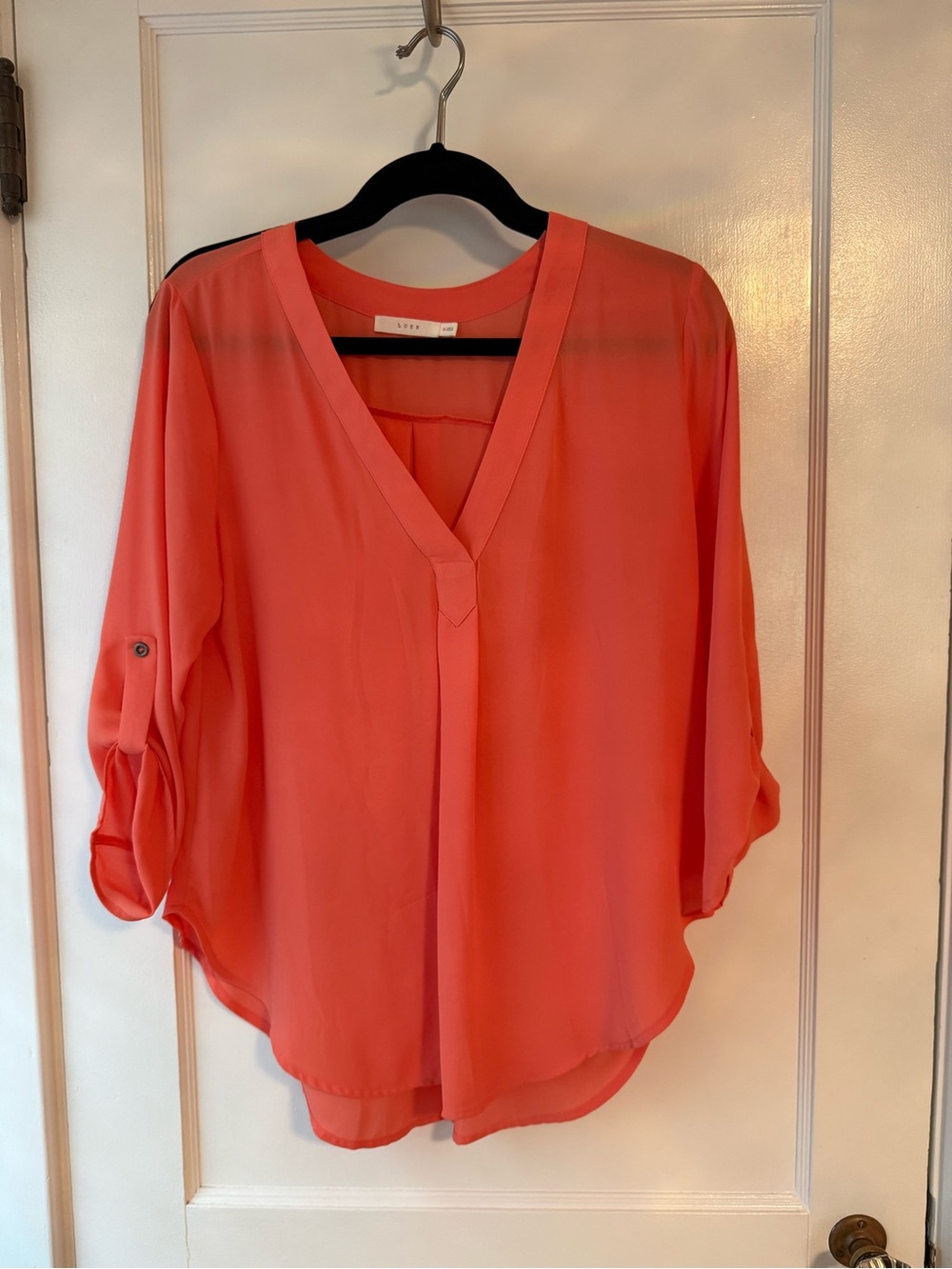 Lush Coral V-Neck Roll-Tab Blouse